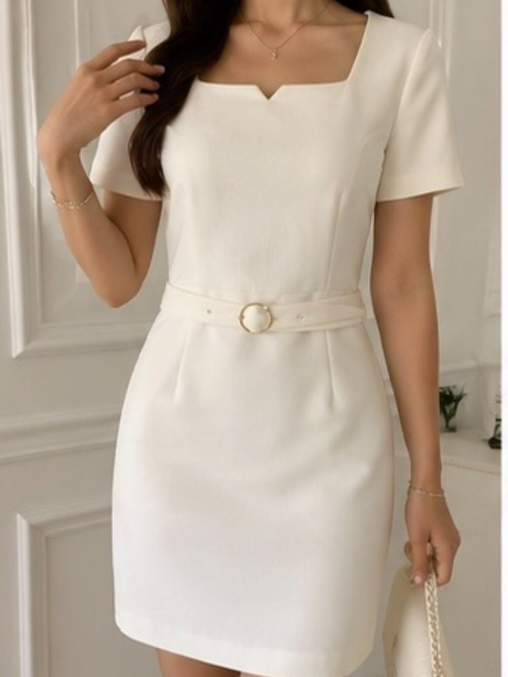 BNWT Elegant White Belted Sheath Dress